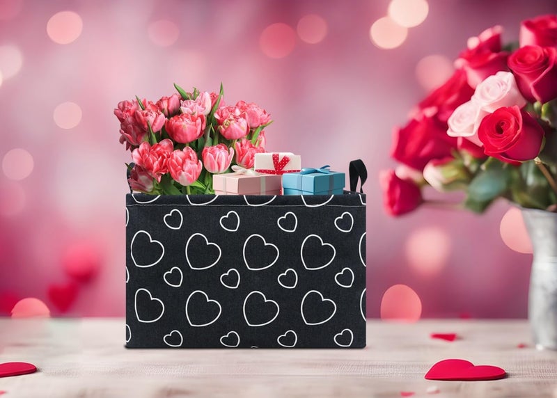 NTAOHAMPER Rectangular Black Storage Basket Empty,Collapsible Gift Basket with Handles,Heart Print Basket for Kids Toys/Books Box,Room Decor(Black Love) - Image 3